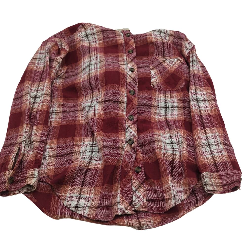maurices L Red Cream Plaid Button-Up Hoodie, Faux-Fur Lined Hood